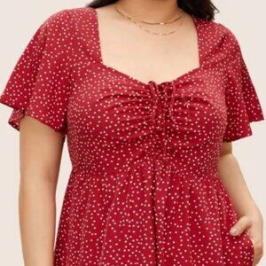 Red Polka Dot Ruched Sweetheart Bodice Ruffle Tiered Midi Dress 12/L  NWT